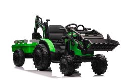 Tractor eléctrico TOP-WORKER 12V con cubetas y remolque, asiento individual, verde, asiento blando de PU, reproductor MP3 con entrada USB, tracción trasera, 2 motores de 45W, ruedas de EVA, batería de litio.