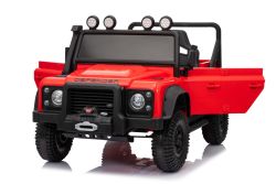 Coche eléctrico para niños Land Rover Defender 110 SVX 12V, rojo, tracción 4X4, luces LED, suspensión en ruedas delanteras y traseras, control remoto 2,4 GHz, entrada USB/Aux, Bluetooth, batería de litio, 4 motores de 25W, licencia ORIGINAL