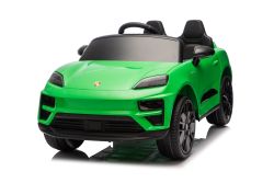 Coche eléctrico para niños Porsche Macan 12V con licencia, tracción trasera (asiento individual), verde, batería de litio, asiento amplio, ejes con suspensión, control remoto 2,4 GHz, reproductor MP3 con entrada USB/AUX, luces LED