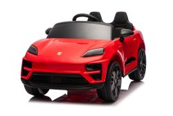 Coche eléctrico para niños Porsche Macan 12V con licencia, tracción trasera (asiento individual), rojo, batería de litio, asiento amplio, ejes con suspensión, control remoto 2,4 GHz, reproductor MP3 con entrada USB/AUX, luces LED