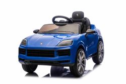 Coche eléctrico para niños Porsche Cayenne 12V con tracción trasera – Licencia oficial (asiento individual), azul, batería de litio, asiento amplio, ejes con suspensión, mando a distancia 2,4 GHz, reproductor MP3 con entrada USB/AUX, luces LED
