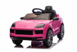 Coche eléctrico para niños Porsche Cayenne 12V con tracción trasera – Licencia oficial (asiento individual), rose, batería de litio, asiento amplio, ejes con suspensión, mando a distancia 2,4 GHz, reproductor MP3 con entrada USB/AUX, luces LED