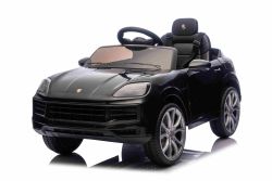 Coche eléctrico para niños Porsche Cayenne 12V con tracción trasera – Licencia oficial (asiento individual), negro, batería de litio, asiento amplio, ejes con suspensión, mando a distancia 2,4 GHz, reproductor MP3 con entrada USB/AUX, luces LED