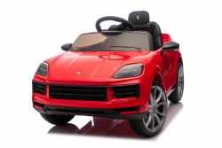 Coche eléctrico para niños Porsche Cayenne 12V con tracción trasera – Licencia oficial (asiento individual), rojo, batería de litio, asiento amplio, ejes con suspensión, mando a distancia 2,4 GHz, reproductor MP3 con entrada USB/AUX, luces LED