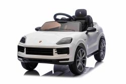 Coche eléctrico para niños Porsche Cayenne 12V con tracción trasera – Licencia oficial (asiento individual), blanco , batería de litio, asiento amplio, ejes con suspensión, mando a distancia 2,4 GHz, reproductor MP3 con entrada USB/AUX, luces LED