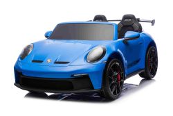 Coche eléctrico para niños Porsche 911 GT3  24V con tracción 4x4, azul, dos plazas, control remoto 2,4 GHz, entrada USB/AUX, motores de 200W, suspensión, batería de litio, luces LED delanteras y traseras, licencia ORIGINAL