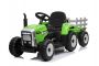 Tractor eléctrico WORKERS con remolque, verde, tracción trasera, batería de 12V, ruedas de Plástico, asiento ancho de Plástico, control remoto de 2,4 GHz, reproductor MP3 con entrada USB + Bluetooth, luces LED