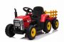 Tractor eléctrico WORKERS con remolque, rojo, tracción trasera, batería de 12V, ruedas de Plástico asiento ancho de Plástico, mando a distancia de 2,4 GHz, reproductor MP3 con entrada USB, luces LED