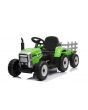 Tractor eléctrico WORKERS con remolque, verde, tracción trasera, batería de 12V, ruedas de Plástico, asiento ancho de Plástico, control remoto de 2,4 GHz, reproductor MP3 con entrada USB , luces LED