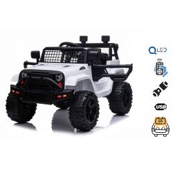 Vehículo eléctrico OFFROAD con tracción trasera, blanco, batería de 12V, chasis alto, asiento ancho, ejes suspendidos, control remoto de 2.4 GHz, reproductor de MP3 con entrada USB, luces LED