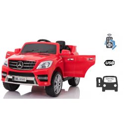 Vehículo eléctrico Mercedes-Benz ML 350, rojo, con licencia original, batería, puertas que se abren, Asiento de plastico, motor 2x, batería 12V, control remoto de 2.4 Ghz, arranque regular, amortiguación