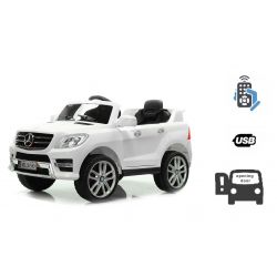 Vehículo eléctrico Mercedes-Benz ML 350, blanco, con licencia original, batería, puertas que se abren, Asiento de plastico, 2x motor, batería de 12V, control remoto de 2.4 Ghz, arranque suave, amortiguación