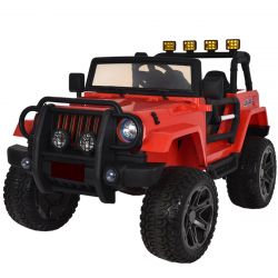 Correpasillos eléctrico OFFROAD XXL 4x4, rojo, batería 12V, Chasis alto, Asiento doble de polipiel, Ruedas de eva, Eje de suspensión, Mando a distancia 2.4 GHz, Reproductor de MP3 con entrada USB/SD, Luces LED