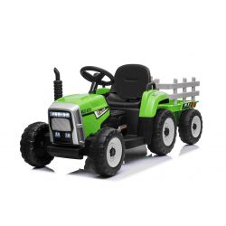 Tractor eléctrico WORKERS con remolque, verde, tracción trasera, batería de 12V, ruedas de Plástico, asiento ancho de Plástico, control remoto de 2,4 GHz, reproductor MP3 con entrada USB , luces LED