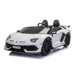 Coche eléctrico Lamborghini Aventador 12V para dos usuarios, Blanco, Puertas de apertura vertical, Motor 2 x 12V, Batería 12V, Control remoto 2.4 Ghz, Ruedas EVA blandas, Suspensión, Arranque suave, Reproductor MP3 con USB, Licencia original