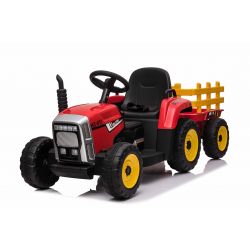 Tractor eléctrico WORKERS con remolque, rojo, tracción trasera, batería de 12V, ruedas de Plástico asiento ancho de Plástico, mando a distancia de 2,4 GHz, reproductor MP3 con entrada USB, luces LED