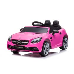 Coche eléctrico Mercedes-Benz SLC 12V, rosa, asiento de polipiel, mando a distancia de 2,4 GHz, entrada USB/AUX, suspensión trasera, luces LED, ruedas blandas de EVA, MOTOR 2 X 30W, licencia ORIGINAL