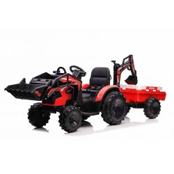 Tractor eléctrico TOP-WORKER 12V con cucharones y remolque, Monoplaza, rojo, Mando a distancia de 2,4 GHz, asiento de PU blando, Reproductor de MP3 con entrada USB, Tracción trasera, Motor 2 x 45W, Ruedas EVA, Batería 12V / 10Ah