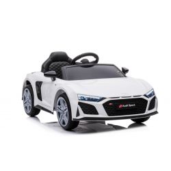 Coche eléctrico Audi R8 Spyder NUEVO tipo, Blanco, Licencia original, Funciona con pilas, Puertas que se abren, Asiento de plástico, 2x Motor de 25 W, Batería de 12 V, Control remoto de 2,4 Ghz, Arranque suave, Reproductor MP3