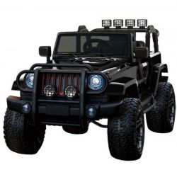 Correpasillos eléctrico OFFROAD XXL 4x4, negro, batería 12V, Chasis alto, Asiento doble de polipiel, Ruedas de eva, Eje de suspensión, Mando a distancia 2,4 GHz, Reproductor de MP3 con entrada USB/SD, Luces LED