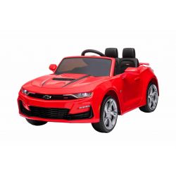 Coche eléctrico para montar Chevrolet Camaro, rojo, licencia original, batería de 12 V, puertas que se abren, Asiento de cuero artificial, motor de 2x 35 W, luces LED, control remoto de 2,4 Ghz, ruedas suaves de EVA, arranque suave