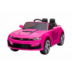 Coche eléctrico para montar Chevrolet Camaro, rosa, licencia original, batería de 12 V, puertas que se abren, Asiento de cuero artificial, motor de 2x 35 W, luces LED, control remoto de 2,4 Ghz, ruedas suaves de EVA, arranque suave