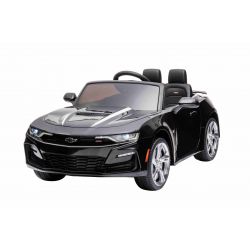Coche eléctrico para montar Chevrolet Camaro, negro, licencia original, batería de 12 V, puertas que se abren, Asiento de cuero artificial, motor de 2x 35 W, luces LED, control remoto de 2,4 Ghz, ruedas suaves de EVA, arranque suave