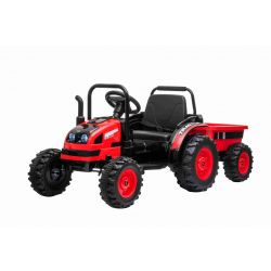Tractor eléctrico POWER con remolque, rojo, tracción trasera, batería de 12 V, ruedas de plástico, asiento ancho, control remoto de 2,4 GHz, reproductor de MP3 con USB, luces LED