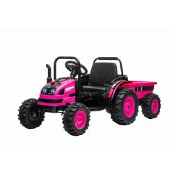 Tractor eléctrico POWER con remolque, rosa, tracción trasera, batería de 12 V, ruedas de plástico, asiento ancho, control remoto de 2,4 GHz, reproductor de MP3 con USB,  luces LED