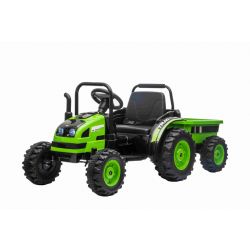Tractor eléctrico POWER con remolque, verde, tracción trasera, batería de 12 V, ruedas de plástico, asiento ancho, control remoto de 2,4 GHz, reproductor de MP3 con USB,  luces LED