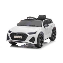 Coche Eléctrico Audi RS6, Blanco, Asiento de cuero, Puertas que se abren, Motor 2x 25W, Batería 12 V, Mando a distancia 2.4 Ghz, Ruedas Soft EVA, Luces LED, Arranque suave, Amortiguadores, Matrícula ORIGINAL