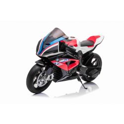 Moto eléctrica BMW HP4 RACE 12V, Matriculada, roja, Batería 12V, Ruedas blandas EVA, Motores 2 x 35W, Suspensión, Estructura metálica, Horquilla metálica, Ruedas auxiliares
