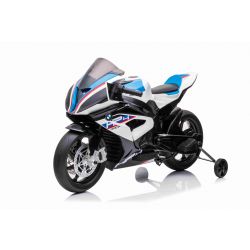 Moto eléctrica BMW HP4 RACE 12V, Matriculada, blanca, Batería 12V, Ruedas blandas EVA, Motores 2 x 35W, Suspensión, Estructura metálica, Horquilla metálica, Ruedas auxiliares