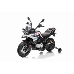 Moto Eléctrica BMW F850 GS, Matriculada, Batería 12V, Ruedas blandas EVA, Motores 2 x 35W, Luces LED, Ruedas auxiliares, Reproductor MP3 con entrada USB/Aux, Blanca