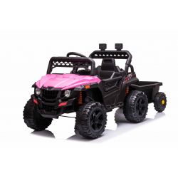 RSX SMALL con remolque, rosa, tracción trasera, batería de 12 V, asiento de cuero, control remoto de 2,4 GHz, reproductor MP3 con entrada USB / auxiliar, luces LED