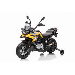 Moto eléctrica BMW F850 GS, Matriculada, Batería 12V, Ruedas blandas EVA, Motores 2 x 35W, Luces LED, Ruedas auxiliares, Reproductor MP3 con entrada USB/Aux, Amarilla