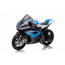 Moto eléctrica BMW HP4 RACE 12V, Matriculada, azul, Batería 12V, Ruedas blandas EVA, Motores 2 x 35W, Suspensión, Estructura metálica, Horquilla metálica, Ruedas auxiliares