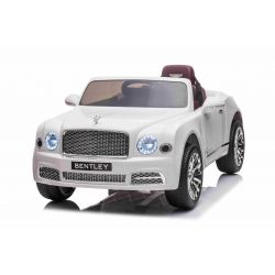 Correpasillos eléctrico Bentley Mulsanne 12V, blanco, asiento de polipiel, control remoto 2.4 GHz, ruedas de Eva, entrada USB/Aux, suspensión, batería de 12V/7Ah, luces LED, ruedas de EVA suave, motor 2 X 35W, licencia ORIGINAL