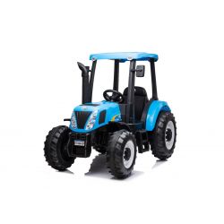 Tractor eléctrico con asiento NEW HOLLAND-T7 12V, Azul, Monoplaza, Asiento de cuero, Reproductor MP3 con entrada USB, Tracción trasera, Motor 2x 35W, Ruedas EVA, Control remoto 2.4 GHz, Licencia original
