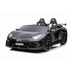 Coche eléctrico Lamborghini Aventador 24V para dos usuarios, Pintura negra, Reproductor MP4, Asientos de polipiel, Puertas de apertura vertical, Motor 2 x 45W, Batería de 24V, 2.4 Ghz RC, Ruedas EVA blandas, Suspensión, Arranque suave