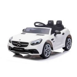 Coche eléctrico Mercedes-Benz SLC 12V, blanco, asiento de polipiel, mando a distancia de 2,4 GHz, entrada USB/AUX, suspensión trasera, luces LED, ruedas blandas de EVA, MOTOR 2 X 30W, licencia ORIGINAL