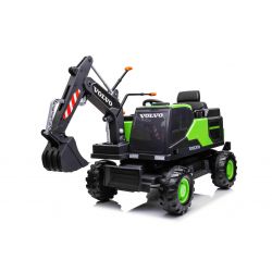 Coche eléctrico Volvo Excavator 12V con cucharón excavadora delantero, asiento individual, verde, asiento de cuero sintético suave, reproductor de MP3 con entrada USB/TF/AUX, tracción trasera, motor de 2 x 35 W, ruedas de EVA, batería de 12 V/14 Ah