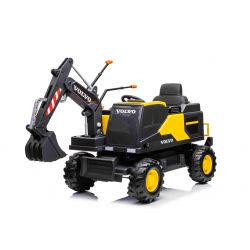 Coche eléctrico Volvo Excavator 12V con cuchara excavadora delantera, asiento individual, amarillo, asiento de cuero sintético suave, reproductor de MP3 con entrada USB/TF/AUX, tracción trasera, motor de 2 x 35 W, ruedas de EVA, batería de 12 V/14 Ah