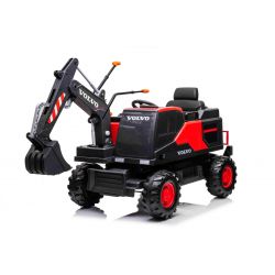 Coche eléctrico Volvo Excavator 12V con cucharón excavadora delantero, asiento individual, rojo, asiento de cuero sintético suave, reproductor de MP3 con entrada USB/TF/AUX, tracción trasera, motor de 2 x 35 W, ruedas de EVA, batería de 12 V/14 Ah