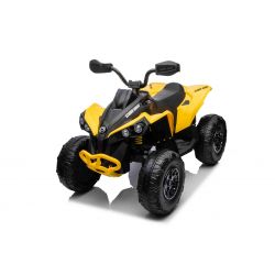 Quad eléctrico Can-am Renegade, amarillo, monoplaza, suspensión delantera y trasera, luces LED, batería de 12 V, 2 motores de 35 W, ruedas blandas de EVA, reproductor MP3 con entrada USB/AUX, con licencia