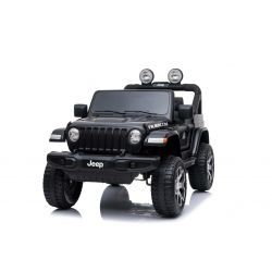 JEEP Wrangler Ride-On eléctrico, negro, Asiento doble de polipiel, radio con Bluetooth y entrada USB, unidad 4x4, batería 12V10Ah, ruedas EVA, ejes de suspensión, control remoto de 2.4 GHz, con licencia