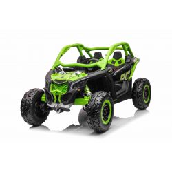 Coche eléctrico Can-am Maverick, verde, biplaza, suspensión delantera y trasera, mando a distancia de 2,4 Ghz, batería portátil, 4 motores de 35 W, ruedas de EVA, asiento del conductor ajustable, reproductor de MP3 con entrada USB/SD, con licencia