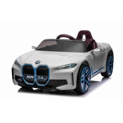 Coche eléctrico BMW i4, blacno, mando a distancia 2,4 GHz, USB/AUX/Bluetooth, suspensión rueda trasera, batería 12V, luces LED, motor 2 X 25W, matrícula ORIGINAL