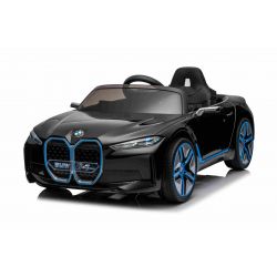 Coche eléctrico BMW i4, negro, mando a distancia 2,4 GHz, USB/AUX/Bluetooth, suspensión rueda trasera, batería 12V, luces LED, motor 2 X 25W, matrícula ORIGINAL