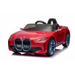 Coche eléctrico BMW i4, rojo, mando a distancia 2,4 GHz, USB/AUX/Bluetooth, suspensión rueda trasera, batería 12V, luces LED, motor 2 X 25W, matrícula ORIGINAL